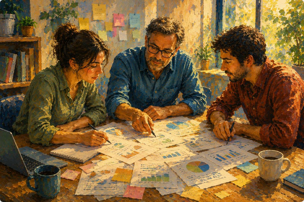 Tres socios revisan gráficos y documentos financieros sobre una mesa para definir el capital social de su empresa