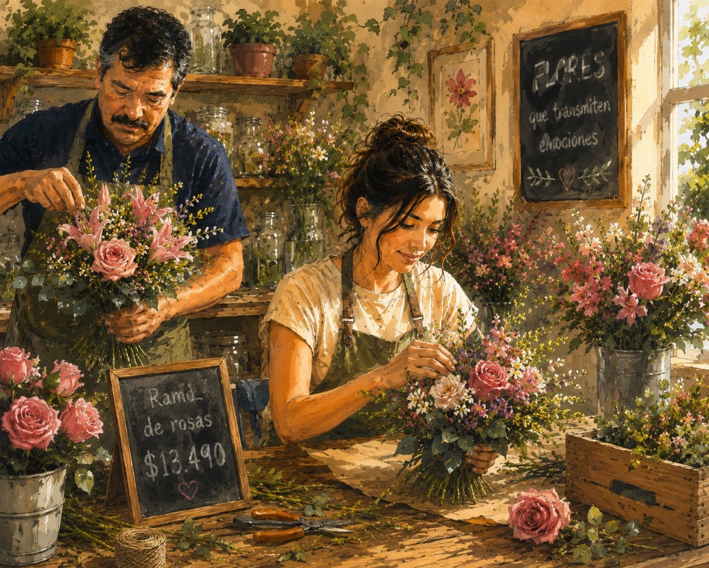 Pareja de emprendedores en su florería: ella gestiona la venta online en un notebook mientras él arma un ramo de flores