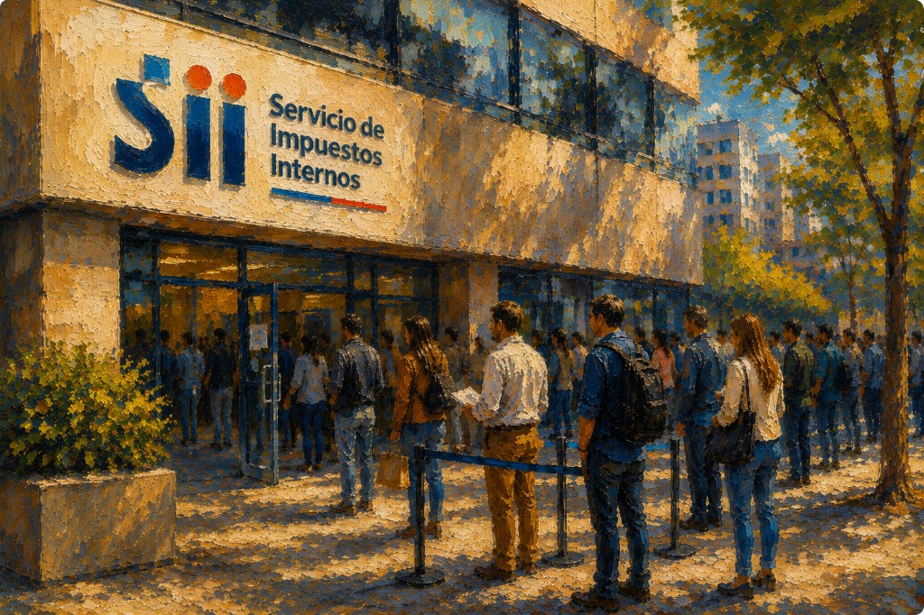 Personas haciendo fila frente a las oficinas del Servicio de Impuestos Internos (SII) en Chile