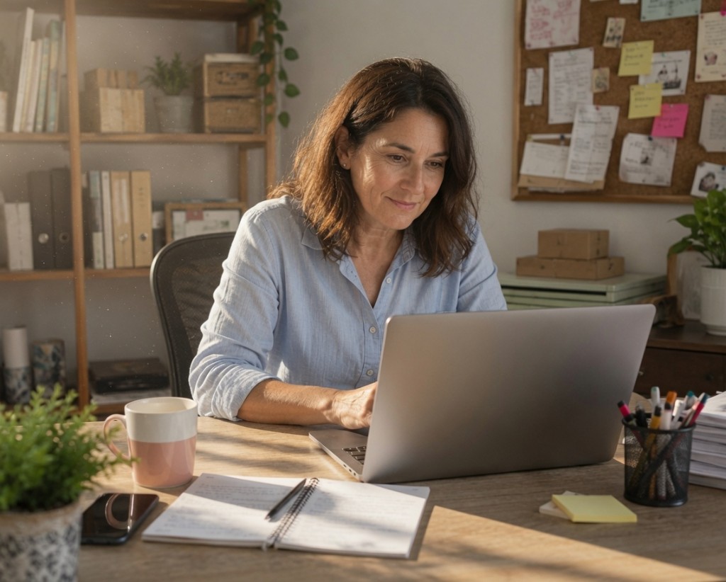 Emprendedora trabajando con su notebook en una oficina en casa, junto a un cuaderno y materiales de trabajo