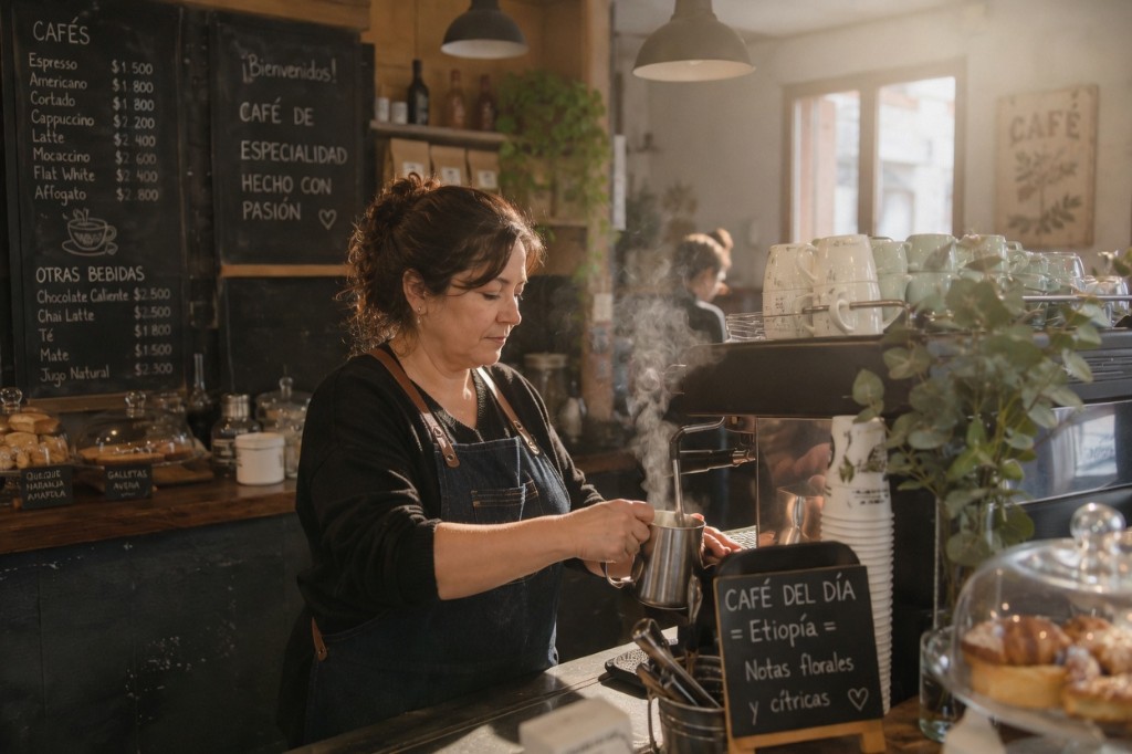 Barista preparando café en una cafetería de especialidad en Chile